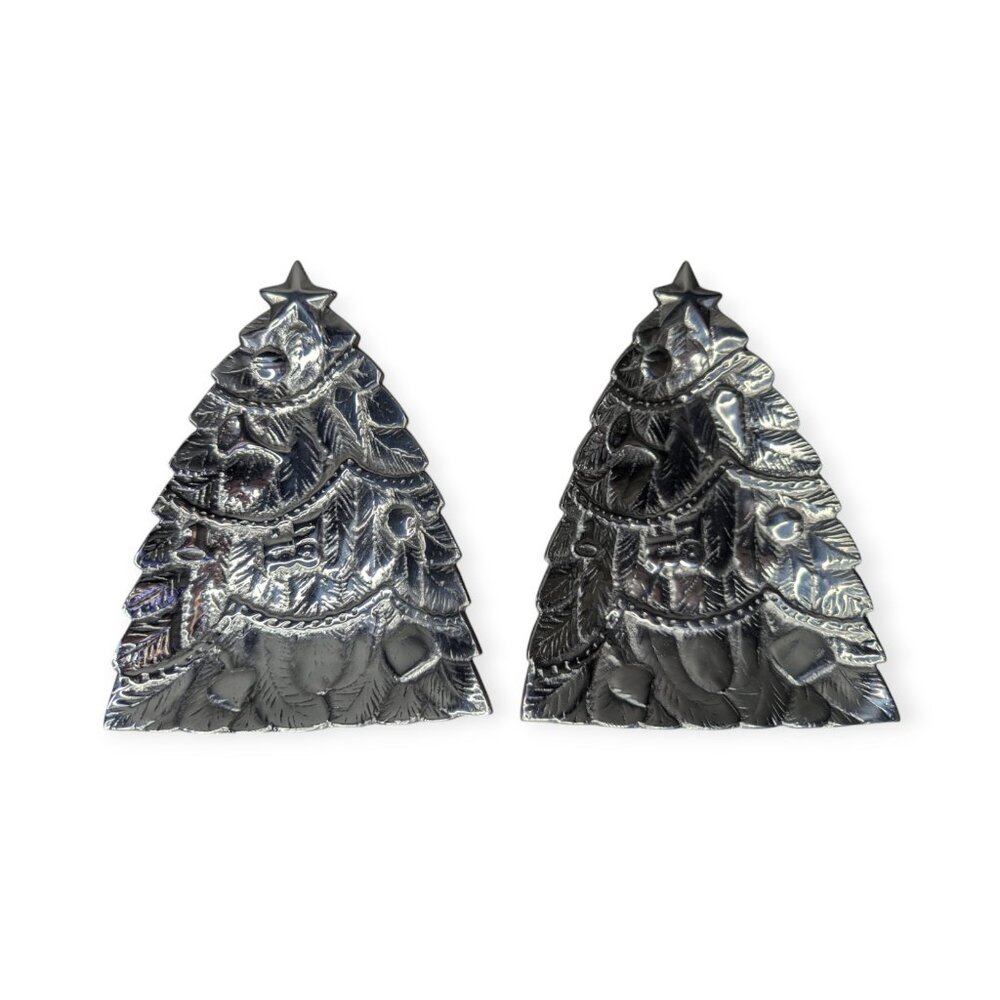 Silver Tone Metal Decorated Christmas Tree Shaped Plate 9" x 6.5" Holiday